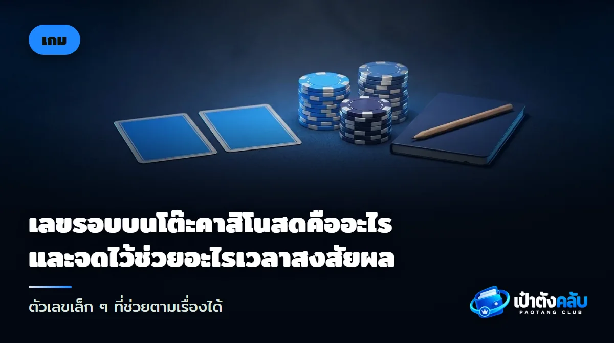 โต๊ะบาคาร่าสีเขียวมีไพ่หงายสองใบและชิปหลายสี ข้างสมุดจดเล่มเล็กกับดินสอ